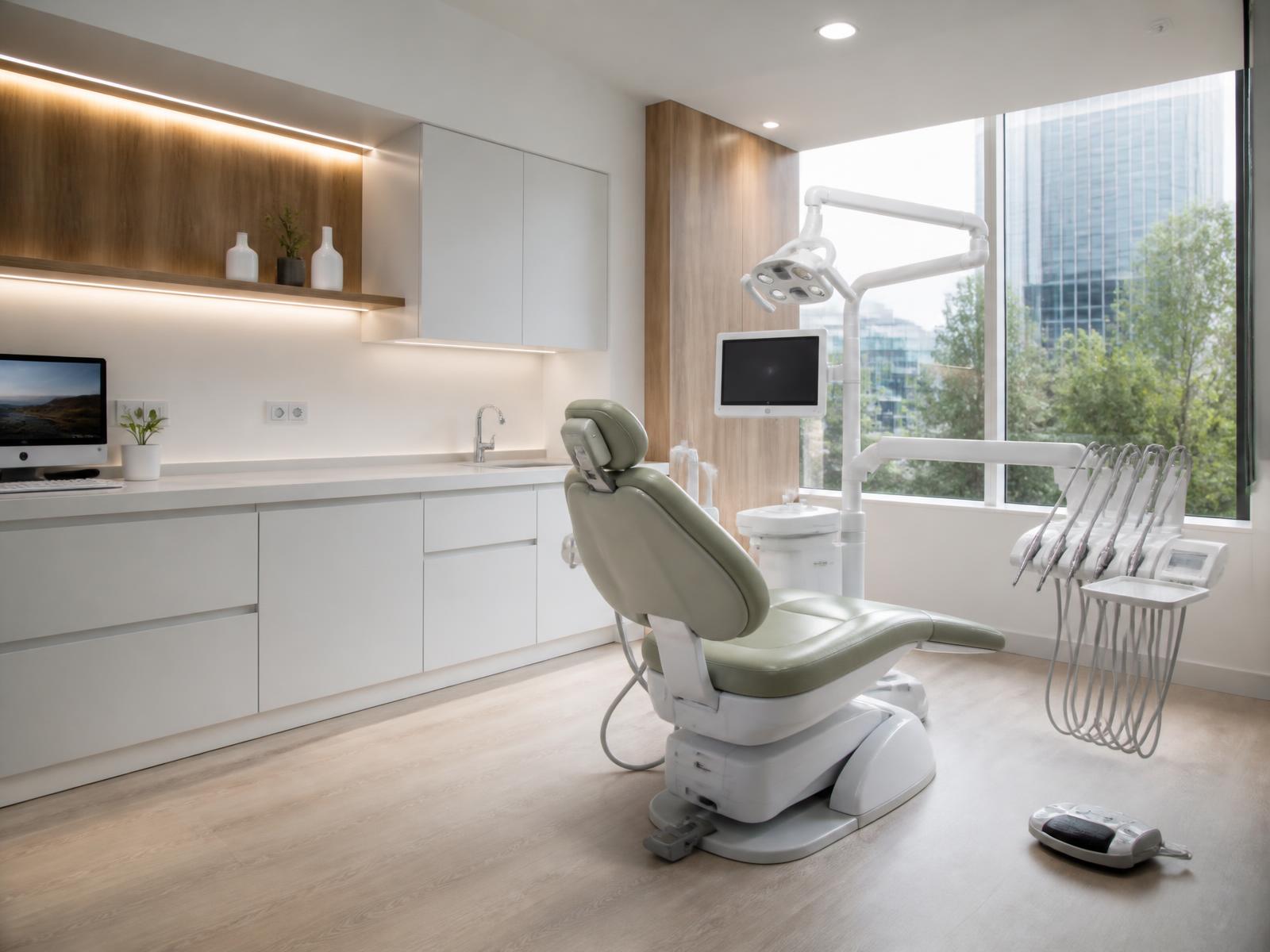Consultorio odontológico moderno con unidad dental en tono verde salvia y ventanal amplio