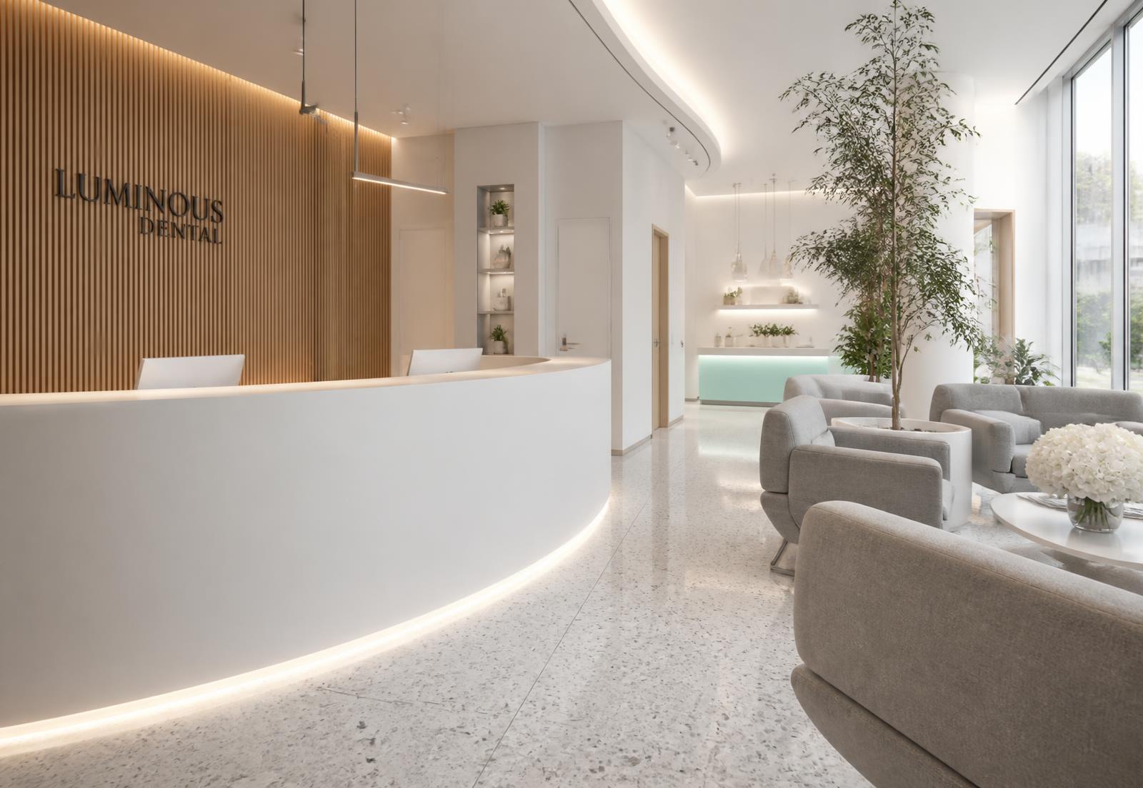 Recepción y sala de espera de Áurea Odontología, con mostrador curvo y sillas grises