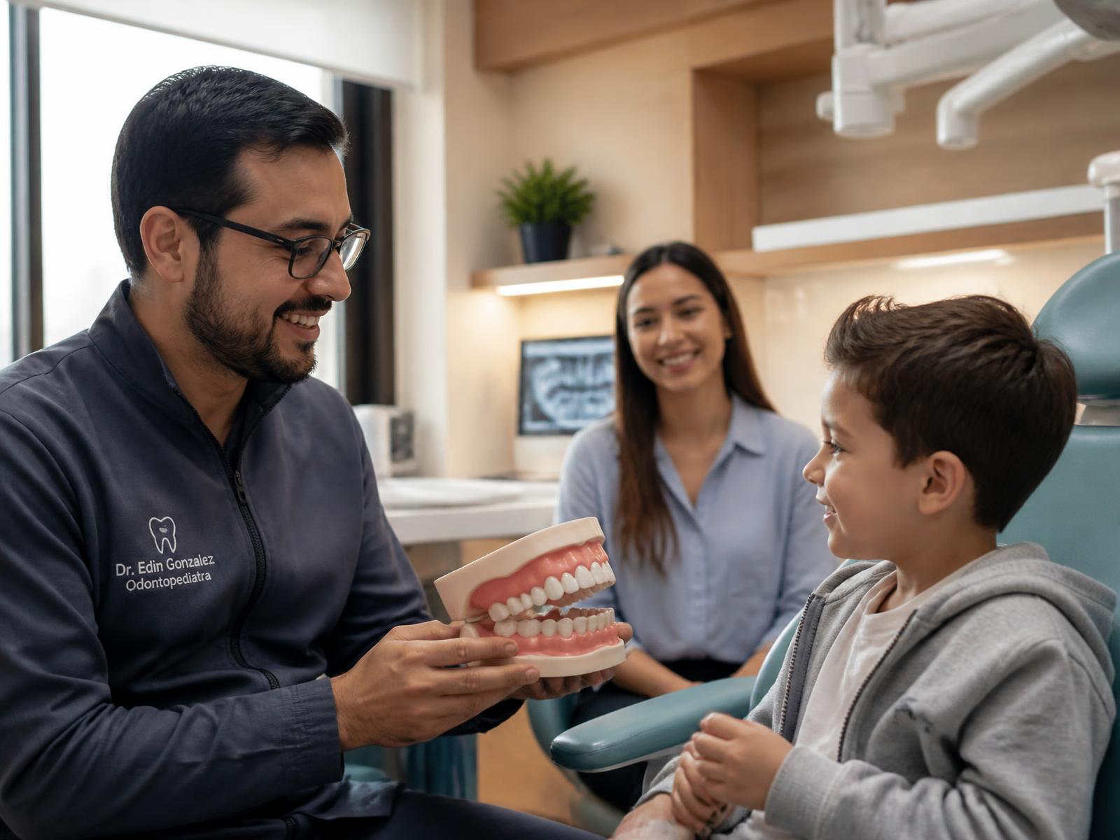 Odontopediatra explicando la higiene oral a un niño acompañado de su mamá