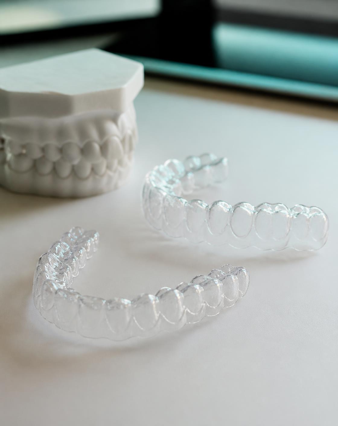 Alineadores transparentes de ortodoncia junto a un modelo dental impreso en 3D