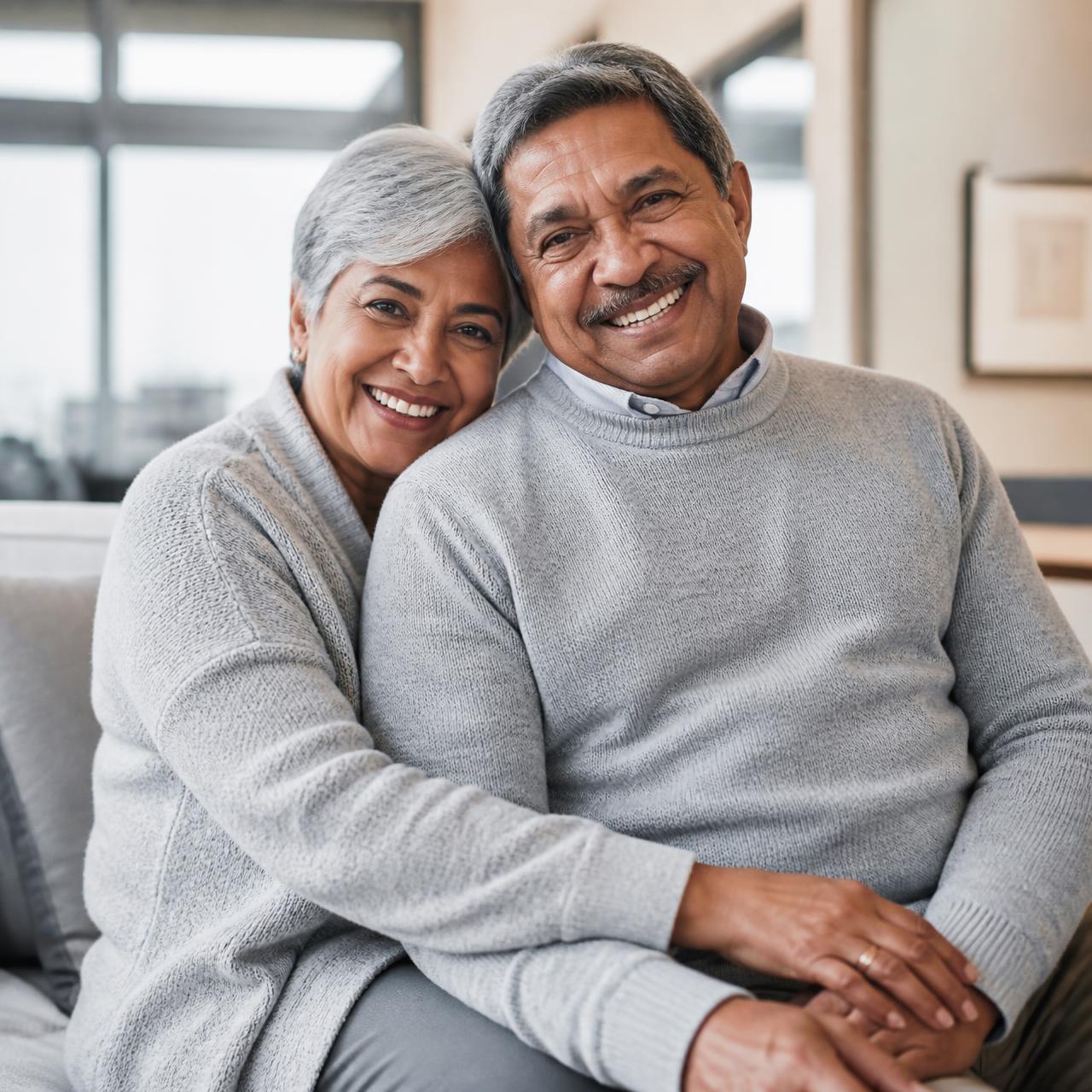 Pareja de adultos mayores sonriendo tras su rehabilitación oral
