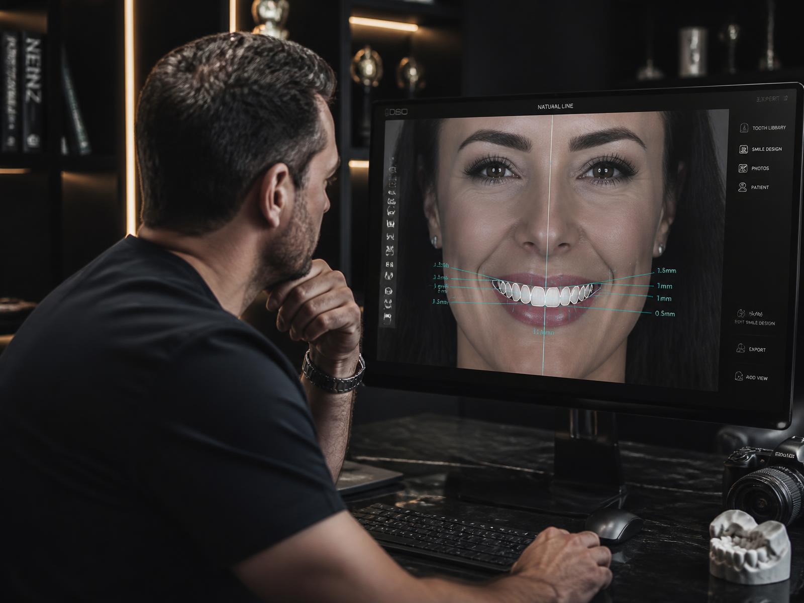 Especialista revisando un diseño digital de sonrisa en pantalla